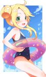  1girl absurdres blonde_hair blush green_eyes hair_bun highres himesaka_noa houshasei_gokiburi innertube looking_at_viewer one-piece_swimsuit open_mouth solo swimsuit thesdroz watashi_ni_tenshi_ga_maiorita! 