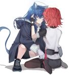  2girls animal_ears arknights bangs black_footwear black_gloves black_jacket black_pantyhose black_shorts black_skirt blue_eyes blue_hair cat_ears cat_girl cat_tail closed_mouth exusiai_(arknights) fingerless_gloves full_body fur_jacket gloves halo highres horns jacket long_hair long_sleeves looking_at_another mostima_(arknights) multiple_girls pantyhose red_hair shiba257 shoe_soles shoes short_hair short_sleeves shorts simple_background sitting skirt smile sneakers squatting tail wariza white_background white_gloves white_jacket 