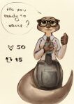  5_fingers anthro apron brown_body brown_fur clothing dialogue disney eyewear fingers fur glasses green_eyes hi_res holding_object lutrine mammal multicolored_body multicolored_fur mustelid necktie notebook sam_(zootopia+) sharp_teeth smile solo tan_body tan_fur teeth two_tone_body two_tone_fur whiskers yora zootopia zootopia+ 