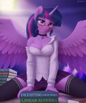  absurd_res anthro anthrofied barely_visible_genitalia barely_visible_pussy bodily_fluids book bottomwear breasts clothed clothing equid equine eyewear feathers friendship_is_magic genital_fluids genitals glasses hasbro hi_res horn irisarco looking_at_viewer mammal my_little_pony no_underwear princess_twilight_sparkle_(mlp) purple_body purple_feathers pussy pussy_juice skirt solo winged_unicorn wings 