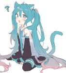  1girl :d ? ahoge animal_ears between_legs black_skirt black_thighhighs blue_eyes blue_hair blue_necktie blush cat_ears cat_girl cat_tail detached_sleeves hair_between_eyes hair_ornament hair_strand hand_between_legs hatsune_miku highres long_hair long_sleeves looking_at_viewer necktie o_(jshn3457) pleated_skirt shirt sidelocks simple_background sitting skirt sleeveless sleeveless_shirt smile solo tail thighhighs twintails vocaloid wariza 