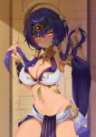  1girl absurdres bangs bare_shoulders black_hairband blue_eyes blush bracer breasts candace_(genshin_impact) chinese_commentary cleavage commentary_request cowboy_shot crescent crop_top egyptian_clothes eye_of_horus genshin_impact groin hair_between_eyes hairband halterneck hands_up heterochromia highres holding holding_hair jewelry large_breasts looking_at_viewer mengxin_huazha nail_polish navel neck_ring nose_blush parted_lips pelvic_curtain purple_hair purple_nails raised_eyebrows short_hair_with_long_locks sidelocks solo stomach twintails yellow_eyes 