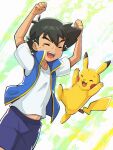  1boy :d arms_up ash_ketchum bangs black_hair blue_jacket clenched_hands closed_eyes commentary highres jacket male_focus open_mouth pikachu pokemon pokemon_(anime) pokemon_(creature) pokemon_journeys shirt short_hair short_sleeves shorts sleeveless sleeveless_jacket smile t-shirt tama!_(lazyturtle) teeth tongue upper_teeth white_shirt 