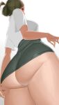  1girl absurdres apple_(ygbhjdbiulsg) ass ass_focus breasts butt_crack folded_ponytail from_below green_hair green_skirt highres idolmaster idolmaster_shiny_colors looking_at_viewer looking_back medium_breasts miniskirt nanakusa_hazuki no_panties shirt simple_background skirt solo white_background white_shirt 