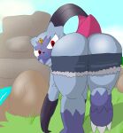 alpha_pok&eacute;mon anthro big_butt bottomwear butt clothed clothing generation_8_pokemon grass hi_res looking_at_viewer looking_back male monterrioashmore mountain_range nintendo partially_clothed plant pokemon pokemon_(species) river rock short_shots shorts shorts_down smile sneasler solo tree video_games westin_the_alpha_sneasler 