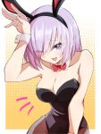  1girl animal_ears black_leotard bow bowtie breasts detached_collar fake_animal_ears fate/grand_order fate_(series) hair_over_one_eye hamao_1 highres large_breasts leotard mash_kyrielight one_eye_closed open_mouth pantyhose playboy_bunny purple_eyes purple_hair red_bow red_bowtie strapless strapless_leotard wrist_cuffs 