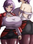  1girl alternate_costume ass breasts closed_mouth courtney_(pokemon) highres hizakake huge_breasts pokemon pokemon_(game) pokemon_oras purple_eyes purple_hair short_hair simple_background smile solo standing white_background 