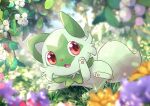  :d animal_focus berry cat commentary_request day fangs grass highres marian_oekaki no_humans open_mouth outdoors pokemon pokemon_(creature) red_eyes smile solo sprigatito tongue 