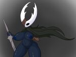  big_breasts black_body breasts cape cloak clothing female hollow_knight_(character) horn nipples poraka7 solo vessel_(species) weapon 