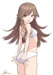  1girl arashio_(kancolle) artist_logo artist_name ass bra brown_eyes brown_hair commentary_request cowboy_shot from_behind highres kantai_collection long_hair looking_at_viewer panties signature simple_background solo t2r training_bra underwear underwear_only white_background white_bra white_panties 