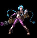  1girl :d absurdres arcane:_league_of_legends arcane_jinx arm_tattoo asymmetrical_bangs bangs bare_shoulders belt black_background blue_hair braid breasts brown_footwear cloud_tattoo crop_top fangs fingerless_gloves gatling_gun gloves highres holding holding_weapon jinx_(league_of_legends) league_of_legends long_hair minigun mu_xin navel pants pink_pants rocket_launcher shoes shoulder_tattoo simple_background smile solo stomach striped striped_pants tattoo teeth torn_clothes torn_pants twin_braids weapon 