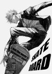  1boy absurdres closed_mouth english_text gojou_satoru greyscale highres jacket jujutsu_kaisen kuwoniagyu11112 long_sleeves looking_away male_focus monochrome pants profile shirt short_hair simple_background skateboard solo spiked_hair 