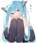  1girl black_thighhighs blue_eyes blue_hair blue_nails blush detached_sleeves hair_between_eyes hair_ornament hair_strand hands_on_own_knees hatsune_miku highres knees_up legs_up long_hair looking_at_viewer nail_polish o_(jshn3457) shirt sidelocks simple_background sleeveless sleeveless_shirt solo thighhighs twintails vocaloid white_background 