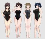  4girls :o akagi_(kancolle) ass_visible_through_thighs barefoot black_one-piece_swimsuit blue_hair breasts brown_eyes brown_hair covered_navel exercise full_body grey_background hair_between_eyes hair_ribbon hiryuu_(kancolle) kaga_(kancolle) kantai_collection large_breasts long_hair multiple_girls noruren one-piece_swimsuit one_side_up open_mouth ribbon short_hair side_ponytail simple_background souryuu_(kancolle) stretching swimsuit twintails 