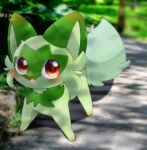  2022 ambiguous_gender blurred_background blush feral fur generation_9_pokemon green_body green_fur hi_res nintendo nurunuruparty26 open_mouth pokemon pokemon_(species) red_eyes signature solo sprigatito video_games 