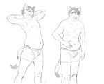  anthro black_hair briefs cettus clothed clothing domestic_cat eyes_closed felid feline felis fur hair hi_res holding_belly male mammal natan_osorio_suarez pudgy_belly sketch slightly_chubby solo standing stretching topless underwear white_body white_fur 