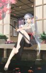  1girl architecture barefoot black_skirt da_(datako) east_asian_architecture genshin_impact grey_eyes grey_hair hair_ornament hand_up highres holding holding_sword holding_weapon house kamisato_ayaka looking_at_viewer open_door red_ribbon ribbon sandals sandals_removed scabbard sheath sheathed shirt short_hair short_sleeves shouji skirt sliding_doors smile solo sword thighs toes weapon white_shirt wide_sleeves 