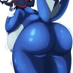  2022 absurd_res anthro armor belly big_belly big_butt blue_body blush bodily_fluids breasts butt butt_focus cute_fangs embarrassed female fin glistening grey_body headgear helmet hi_res hisuian_form hisuian_samurott looking_back mokeee57 nintendo nude overweight pokemon pokemon_(species) raised_tail rear_view red_eyes regional_form_(pokemon) side_boob simple_background solo standing sweat tail_fin thick_thighs video_games whiskers wide_hips 