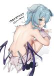  1girl aqua_eyes back bare_back bare_shoulders blue_hair breasts butt_crack elira_pendora from_behind gloves hair_over_one_eye head_wings highres large_breasts long_hair looking_at_viewer looking_back low_wings naked_overalls nijisanji nijisanji_en oimo_0imo overalls sideboob simple_background single_glove squatting topless v virtual_youtuber white_background wings 