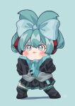  1girl aqua_hair bangs blue_background blue_bow blue_eyes blush bow chibi cinnamiku commentary_request hair_between_eyes hair_bow hatsune_miku headphones highres long_sleeves necktie sanrio simple_background skirt smile solo thick_eyebrows tied_ears uchisaki_himari updo vocaloid 