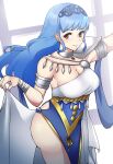  1340smile 1girl absurdres alternate_costume armlet armor ass bangs blue_hair blue_hairband blunt_bangs blush bracelet breasts brown_eyes closed_mouth commentary commission dancer dancer_(three_houses) dress english_commentary fire_emblem fire_emblem:_three_houses fire_emblem_warriors:_three_hopes floating_hair hairband highres jewelry large_breasts lips long_hair looking_at_viewer marianne_von_edmund official_alternate_hairstyle pelvic_curtain pink_lips shoulder_armor smile solo white_dress 