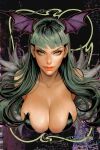  1girl bangs bare_shoulders black_background black_leotard blunt_bangs breasts cleavage demon_girl demon_wings feather_trim green_eyes grey_hair head_wings highres large_breasts leotard long_hair looking_at_viewer mole mole_under_mouth morrigan_aensland solo sozomaika strapless strapless_leotard upper_body vampire_(game) wings 