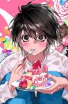  1boy 2pineapplepizza bags_under_eyes black_eyes blush cake cake_slice candy chocolate crumbs death_note eating food fork fruit highres holding holding_fork l_(death_note) lollipop long_sleeves looking_at_viewer male_focus pants shirt short_hair solo strawberry white_shirt 