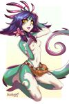  1girl absurdres arm_up artist_name bangs barefoot breasts colored_skin flower green_skin hair_flower hair_ornament hand_up highres kneeling league_of_legends loincloth looking_at_viewer medium_hair multicolored_hair navel neeko_(league_of_legends) nipples parted_lips pink_flower pink_hair pink_lips purple_hair sidelocks small_breasts smile solo tail teeth topless two-tone_hair velvet_queen_h white_background yellow_eyes 