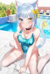  1girl animal_ears aqua_one-piece_swimsuit black_choker blue_eyes breasts cat_ears cat_tail choker cleavage competition_swimsuit covered_navel heterochromia highleg highleg_swimsuit highres medium_breasts one-piece_swimsuit original pool poolside ribbon see-through shirosaba short_hair sitting solo swimsuit tail tail_ornament tail_ribbon thighhighs wariza wet wet_clothes white_hair white_thighhighs yellow_eyes 