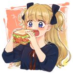  1girl bangs blonde_hair blue_bow blue_dress blue_eyes blunt_bangs blush bow dress eating emilico_(shadows_house) food hair_bow hanasaki_nm holding holding_food long_hair open_mouth sandwich shadows_house solo two_side_up upper_body 