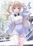  1girl :d alternate_costume arm_up bae.c bangs barbara_(genshin_impact) blonde_hair blue_bow blue_bowtie blue_eyes blue_footwear blurry blurry_background blush bow bowtie breasts buttons collared_shirt commentary cross_print drawstring dress_shirt drill_hair fountain fox_shadow_puppet genshin_impact grey_jacket grey_skirt happy high-waist_skirt highres hood hood_down hooded_jacket jacket leg_up long_hair long_sleeves looking_at_viewer medium_breasts necktie no_headwear open_clothes open_jacket open_mouth pleated_skirt school_uniform shirt shirt_tucked_in shoes short_necktie sidelocks skirt sleeves_past_wrists smile sneakers solo standing standing_on_one_leg thighhighs twin_drills two-tone_footwear water white_footwear white_shirt white_thighhighs zettai_ryouiki 