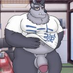  3_eyes anthro belly bottomless casual_exposure claws clothed clothing fangs flaccid fluffy genitals hi_res lifewonders lucknomz male mammal multi_eye neck_tuft oblivious overweight overweight_male partially_clothed pecs penis pubes scratching_belly solo tokyo_afterschool_summoners topwear tsathoggua tuft video_games 