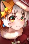  1girl animal_costume animal_ear_fluff animal_ears christmas dress extra_ears fox_ears fox_girl grey_hair hair_ornament hat highres hikarikmy island_fox_(kemono_friends) kemono_friends kemono_friends_v_project long_hair looking_at_viewer multicolored_hair orange_hair ribbon santa_hat smile snowman solo virtual_youtuber yellow_eyes 