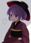  ... 1girl absurdres black_headwear bowl bowl_hat closed_mouth grey_background hangaku_th hat highres japanese_clothes kimono looking_at_viewer purple_eyes purple_hair red_kimono sash short_hair solo spoken_ellipsis sukuna_shinmyoumaru touhou upper_body 