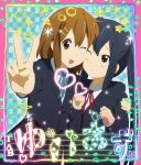  2girls artist_request black_hair brown_eyes brown_hair closed_mouth heart hirasawa_yui k-on! multiple_girls nakano_azusa one_eye_closed open_mouth sakuragaoka_high_school_uniform school_uniform v winter_uniform 