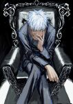  1boy absurdres bangs black_background black_jacket black_pants blue_eyes chair feet_out_of_frame gojou_satoru hand_up highres jacket jujutsu_kaisen kuwoniagyu11112 long_sleeves looking_at_viewer male_focus pants short_hair smile solo white_hair 