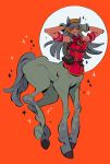  1girl animal_ears armband arms_behind_head arms_up bag bangs bare_shoulders blunt_bangs bow bowtie breasts bridle brown_headwear centaur chest_belt commentary ear_bow full_body gloves gold_ship_(umamusume) grey_hair grin highres horse_ears horse_tail korean_commentary long_hair looking_to_the_side medium_breasts monster_girl monsterification multiple_legs pillbox_hat purple_bow purple_eyes red_background red_bow red_bowtie red_shirt s4mjum shirt sleeveless sleeveless_shirt smile solo standing tail taur teeth umamusume white_gloves 