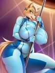 2022 5_fingers anthro big_breasts black_nose blush breasts canid canine clothed clothing crossgender digital_media_(artwork) female fingers fox fox_mccloud green_eyes hi_res huge_breasts inner_ear_fluff mammal metroid mleonheart mtf_crossgender nintendo pole solo star_fox stripper_pole thick_thighs tuft video_games voluptuous_female zero_suit 