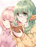  2girls absurdres bangs bespectacled blunt_bangs blurry blush book braid closed_mouth dot_nose futaba_sana glasses green_eyes green_hair highres holding holding_book leaning_on_person long_sleeves magia_record:_mahou_shoujo_madoka_magica_gaiden mahou_shoujo_madoka_magica medium_hair multiple_girls niyadepa open_book orange_scrunchie parted_lips pink_background pink_hair pink_sweater ribbed_sweater scrunchie side_braids side_ponytail sidelocks smile sweater tamaki_iroha turtleneck turtleneck_sweater upper_body wavy_hair yellow_sweater 