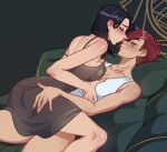  2girls bangs bare_arms bare_shoulders blush breast_grab breasts brown_dress caitlyn_(league_of_legends) character_name collarbone dress eye_contact feet_out_of_frame from_side girl_on_top grabbing highres ilwha large_breasts league_of_legends long_hair looking_at_another multiple_girls red_hair shiny shiny_skin shirt smile vi_(league_of_legends) white_shirt yuri 
