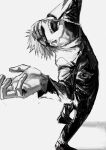  1boy arm_up blindfold covered_eyes full_body gojou_satoru greyscale hand_on_own_face highres jacket jujutsu_kaisen kuwoniagyu11112 long_sleeves male_focus monochrome open_mouth pants shoes short_hair simple_background smile solo standing teeth tongue 