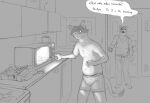  anthro appliance belly bottomwear briefs cettus clothed clothing dark dialogue domestic_cat duo felid feline felis inside kitchen kitchen_appliance male mammal microwave_oven natan_osorio_suarez night pants pressing_button pudgy_belly shirt sibling slightly_chubby tank_top topless topwear underwear 