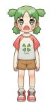  1girl 4chan brown_shorts child clover crying crying_with_eyes_open fangs female_child four-leaf_clover full_body green_eyes green_hair highres koiwai_yotsuba looking_at_viewer meme open_mouth opossumachine quad_tails shirt shoes short_hair short_sleeves shorts sneakers standing tears uohhhhhhhhh!_(meme) white_shirt yotsubato! 