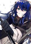  1girl :d arknights bangs black_coat black_gloves blue_eyes blue_hair coat gloves goma_74umai grin halo highres holding holding_staff horns jacket long_hair long_sleeves looking_at_viewer mostima_(arknights) simple_background smile solo staff teeth upper_body white_background white_jacket 