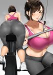  1girl ass bangs bare_shoulders black_eyes black_hair blush breasts cleavage closed_mouth exercise exercise_bike from_behind gradient gradient_background highres huge_breasts leaning_forward mature_female midriff multiple_views navel original pants pink_sports_bra sakura_no_tomoru_hi_e shoes short_hair sports_bra sweat swept_bangs white_footwear yoga_pants 