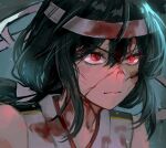  1girl black_hair blood blood_on_face closed_mouth epaulettes hagioshi hair_ribbon headband headgear highres kantai_collection medium_hair red_eyes ribbon solo upper_body white_headband yamashiro_(kancolle) 