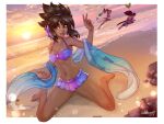  1boy 2girls artist_name bangs beach bikini bikini_skirt blue_bikini border breasts brown_eyes brown_hair collarbone freckles hair_ribbon highres holding holding_sword holding_weapon league_of_legends long_hair male_swimwear medium_breasts medium_hair multicolored_bikini multicolored_clothes multiple_girls navel ocean outdoors pink_bikini ponytail ribbon riven_(league_of_legends) rock signature sitting solo_focus sunset swimsuit sword taliyah velvet_queen_h w wariza water weapon white_border yasuo_(league_of_legends) 