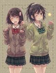  2girls ^_^ ^o^ bangs black_hair bow bowtie brown_hair brown_sweater buttons closed_eyes dotted_line finger_to_cheek flower green_bow green_bowtie green_eyes green_skirt green_sweater hair_flower hair_ornament happy light_blush multiple_girls one_eye_closed original pink_flower plaid plaid_skirt pleated_skirt polka_dot polka_dot_background ponytail red_bow red_bowtie school_uniform short_hair skirt sleeves_past_wrists standing star_(symbol) striped striped_bow striped_bowtie sweater x_hair_ornament yakka 