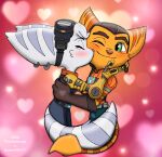  &lt;3 collaboration duo ear_piercing ear_ring female gameralfa117 green_eyes kissing kissing_cheek lombax love male male/female mammal paxtiankenya piercing ratchet ratchet_and_clank ring_piercing rivet_(ratchet_and_clank) robotic_arm romantic romantic_ambiance romantic_couple sony_corporation sony_interactive_entertainment tail_fluff video_games 