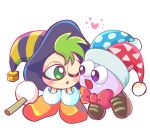  :d :o black_headwear blush bow brown_footwear commentary_request full_body green_eyes green_hair gryll_(kirby) hat heart highres holding jester_cap kirby&#039;s_return_to_dream_land kirby&#039;s_star_stacker kirby_(series) looking_at_another marx_(kirby) miru_(milusour) multicolored_clothes multicolored_headwear no_humans one_eye_closed open_mouth orange_footwear pom_pom_(clothes) purple_eyes red_bow shoes simple_background smile white_background witch_hat 